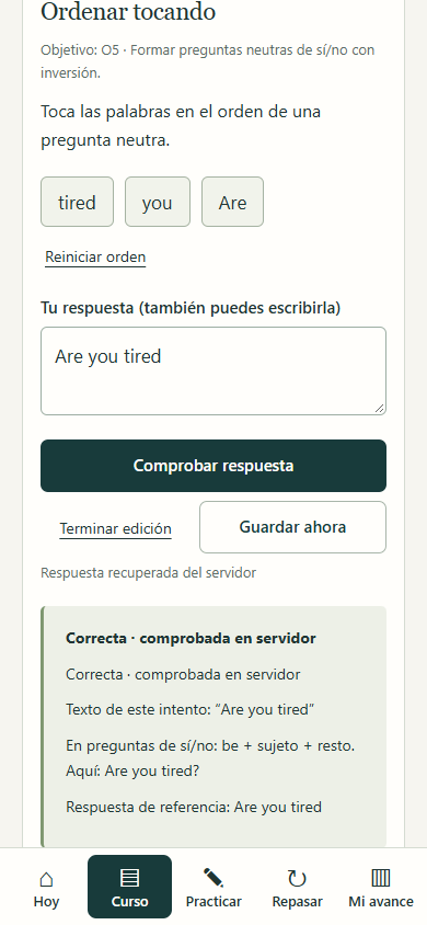 Ejercicio real de inglés en pantalla
