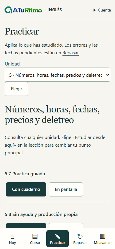 Selector real de práctica por unidad