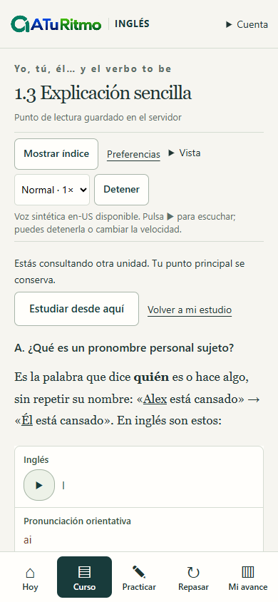 Pantalla real de explicación del verbo to be