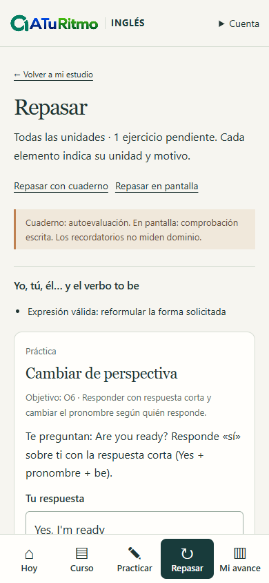 Pantalla real de repaso con ejercicios pendientes